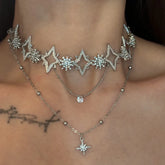 Ingvn Shiny Star Pendant Layered Necklace Y2k Jewelry for Women Fashion Pentagram Silver Color Choker Chain Zircon Charm Necklace