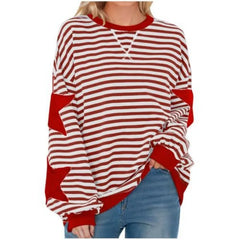Ingvn - Women Casual Striped Sweatshirt Spring Star Patchwork Round Neck Long Sleeve Loose Pullover Daily Wear