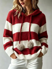 Ingvn - Retro Wine Red And White Striped Hooded Knit Sweater Lazy Style Furry Feeling Ball Cap Rope Overhead Women's Sweater