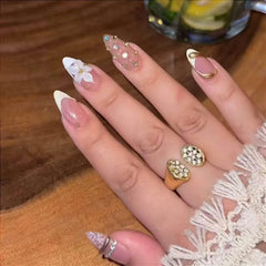 Ingvn 24Pcs Nude Pink Gradient French White Fake Nails Press on Mid-length Almond False Nail with Pearl Gold Chain Polka Dot Nail Tips