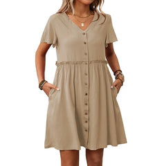 Ingvn Summer New Women's V-neck Short-sleeve Ruffle Hem Dress