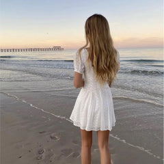 Ingvn Sweet White Embroidery Hole Stitching Lace Cross Lacing up Short Puff Sleeve Dress Woman French Mini Dresses Holiday Robe