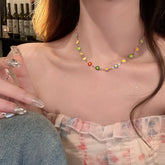 Ingvn Daisy Colorful Necklace Women Bohemian Charm 18k Gold Plated Chain Stainless Steel Jewelry Cute Girl Accessories Gift