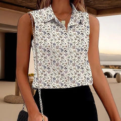 Ingvn - Women's Black White Floral Print Sleeveless Blouse Turn Down Collar Button Down Casual Summer Shirt Top