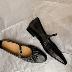 Ingvn Street Style Fashion Pleated Mary Janes Women Ballet Flats Comfortable Soft Soles Leather Spring Summer Walking Loafers Shoes