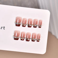 Ingvn 10pcs Red Press on Nails Aesthetic French Fake Nails with Design Reusable Adhesive Nail Tips Self-adhesive Stick-on Nails