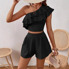 Ingvn Women's Solid Ruffle One-Shoulder Crop Top High Waist Shorts 2 Piece Set