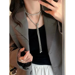 Ingvn Vintage Imitation Pearl Long Chain Necklace for Women Elegant Classic Multilayer Pearl Clavicle Chain Necklaces Jewelry Gift