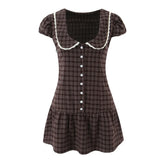 Ingvn Retro Checked Plaid Spliced Lace Peter Pan collar Short Puff Sleeve Mini Dress Women Open Buttons Low Waist A-line Dresses Robe