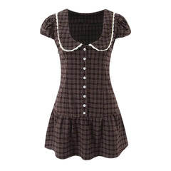 Ingvn Retro Checked Plaid Spliced Lace Peter Pan collar Short Puff Sleeve Mini Dress Women Open Buttons Low Waist A-line Dresses Robe