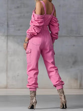 Ingvn Fashion Vintage Denim Jumpsuit Woman Solid Zipper Off-shoulder High Waist Loose Cargo Pants Romper Long Sleeve Overalls