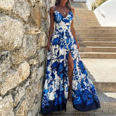 Ingvn Spring Women's Clothing Plus Size Dresses V Neck Elegant Maxi Dress For Woman Vintage Floral Print High Waist Bodycon Long