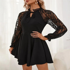 Ingvn European American Autumn Winter New Elegant Women's Solid Color French Contrast Lace Long-sleeved Dress