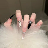 Ingvn 24pcs Nude Cat Eye Dot Black Fake Nails Rhinestone Artificial Stick-on Nails Cheap Extra Long French Press on Nails for Girls