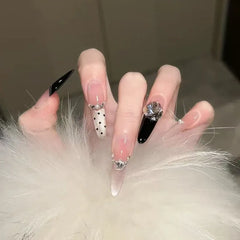 Ingvn 24pcs Nude Cat Eye Dot Black Fake Nails Rhinestone Artificial Stick-on Nails Cheap Extra Long French Press on Nails for Girls