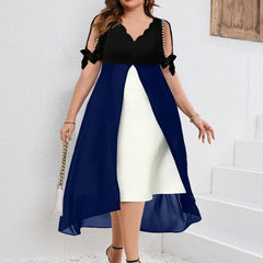 Ingvn Spring and Summer New Women's V-Neck Patchwork Fake Two-Piece Irregular Sleeve Dress