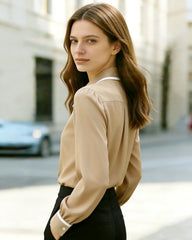 Ingvn Women Long Sleeve Button Down Blouse Contrast Trim Collar Office Wear Shirt