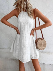 Ingvn European and American Summer New Women's Lace Solid Color Sleeveless Button Halter Dress