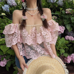 Ingvn Sexy One-Shoulder Lace Shirt Spring Summer Vacation Floral Small Shirt Chenopod Polyester Fiber Bubble Sleeve Short Sleeve