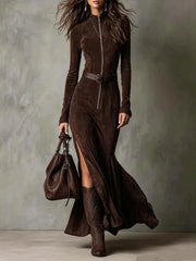Ingvn European American Suede Maxi Dress for Women Long Sleeves O-Neck Zipper Maxi Dress Temperament Elegant High Street Dresses
