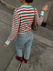 Ingvn - Women Striped Knit Sweater Mint Green Red Crew Neck Long Sleeve Contrast Trim Casual Pullover Jumper Top
