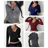 Ingvn - European American Style Spring Autumn New Hooded Womens Sweatshirt Fashion Trendy Slim Fit Versatile Beaded Cardigan Coat