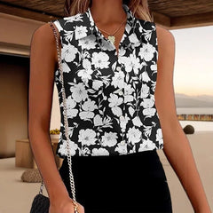Ingvn - Women's Black White Floral Print Sleeveless Blouse Turn Down Collar Button Down Casual Summer Shirt Top