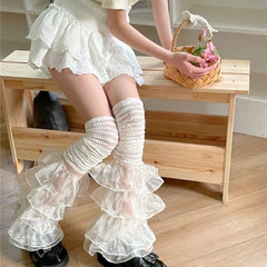 Ingvn Lace Ruffles Lace Leg Warmers Mesh Design Comfortable Fit Over The Knee Socks Multi-layer Soft Stretchy Stacked Socks Women Girl