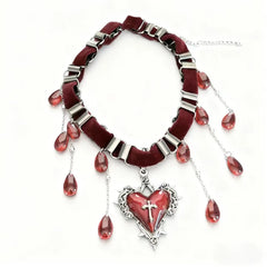 Ingvn Goth Black Heart Love Cross Pendant Irregular Stone Bead Choker Necklace For Women Halloween Vintage Y2K Grunge EMO Accessories