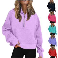 Ingvn - Autumn Winter New Arrival Womens Sports Half Zip Loose Solid Color Versatile Cropped Hooded Fleece Casual Pullover Sweatshirt