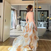 Ingvn Sweet Sle Beach Vaion Bal off oulder Long Dr Irregular Hem Polyester Fiber A-Line Skirt Summer Season Print Pa...