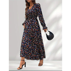 Ingvn Fashion Floral Printed Long Party Dress For Women V-neck Long Sleeved Casual Elegant Maxi Dress