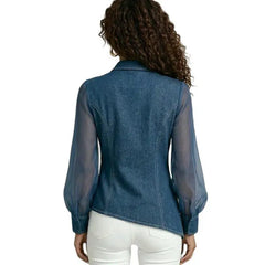 Ingvn Women Denim Sheer Mesh Blouse Asymmetrical Collar Long Puff Sleeve Irregular Hem Elegant Casual Top Vitnage Solid Blouse Top