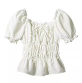 Ingvn French Style Retro White Short Puff Sleeve Shirt Women Ruched Elastic Slim Waist Summer Crop Tops