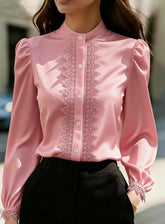 Ingvn Lace Trim Stand Collar Long Sleeve Blouse Puff Sleeve Button Down Shirt