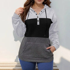 Ingvn - Autumn Winter New Arrival Color Block Splicing Kangaroo Pocket Hoodie Drawstring Versatile Loose Pullover Sweatshirt Women