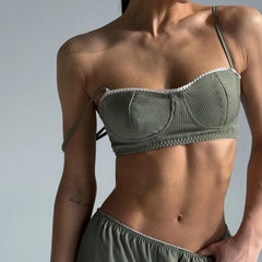 Ingvn Striped Olive Green Sexy Two Piece Set for Women Lace Trim Camisole High Waist Wide Leg Pants Casual Home Outfits