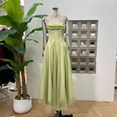 Ingvn French Casual Vacation Green Fairy Long Dress Ruffles Patchwork Sleeveless High Waist Slim A-line Evening Party Dress for Women