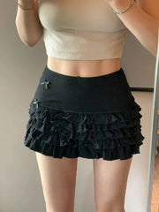 Ingvn Sweet Kawaii Harajuku Mini Skirt Y2k Ruffled Lace Skirt Women Preppy Subculture Style Cute Bow Design Casual New Skirt