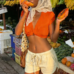 Ingvn Women's Summer Cropped Tops Solid Puff Sleeve Y2k Single One Button Deep V Neck Super Short T-shirt Going Out Shirts