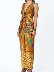 Ingvn Summer Casual Print Maxi Dresses for Women V Neck Sleeveless Sashes Design Draped Slimming Dress for Beach Vacation