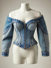 Ingvn Y2k Denim Top Women Elegant Off The Shoulder Zip Up Cardigan Short Slim Fit Long Sleeve Shirt Female Blouse Jacket