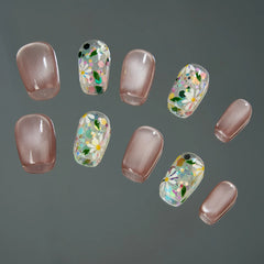 10PCS Short Square Press On Nails Cat Eyes Pink Fake Nails With Multi-Color Floral Designs Summer Collection For Women and Girls