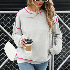 Ingvn - Women Crew Neck Contrast Piping Loose Sweatshirt Casual Long Sleeve Daily Pullover Top