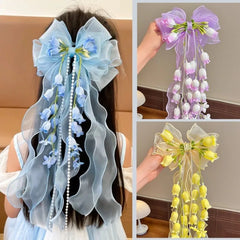 Ingvn New Bell Orchid Ribbon Hair Clip Large Bow Soft Mesh Hair Barrettes Long Ribbon Tassel Design Bow Hair Clip For Girls