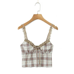 Ingvn Summer Sexy Plaid Spliced Lace Bow V neck Camis Women Elastic Chest Line Crop Top Camisoles Bra Tank Vest