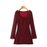 Ingvn Sexy Wine red Flocking Flower Mesh Flare Sleeve Dress Woman Bow Square neck Package Hips A-line Mini Party Robe Bodycon