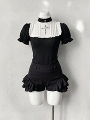 Ingvn Gothic Vintage Two Piece Suit Women Japanese Lolita Slim Tops High Waist Black Shorts Y2K Girls Party Set chic