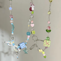 Ingvn Summer Colored Beaded Bow Flower chkoer Necklace for Girls' Aesthetic Party Jewelry y2k