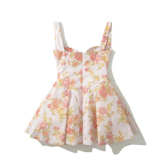 Ingvn Sweet Pink Flower Print V Collar Sling Dress Women Corset Style Low Waist Folds Hem Ball Gown Swing Short Dresses Mini Tank Robe